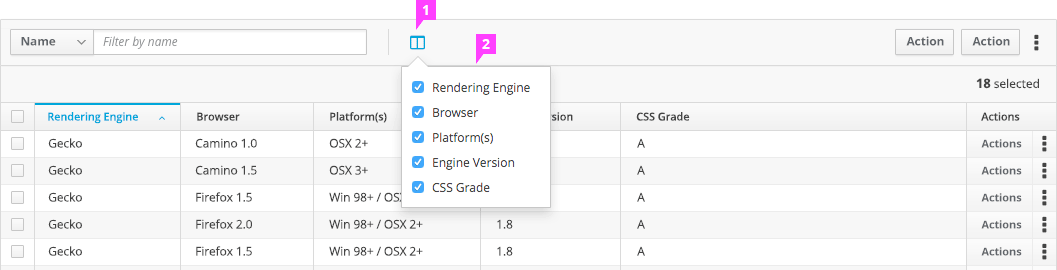 Table with a column visibility menu active